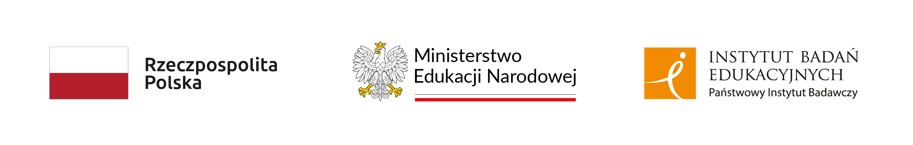 Logotyp Funduszy Europejskich dla Rozwoju Społecznego. Z lewej granatowy kwadrat ukazany w perspektywie, na nim trzy gwiazdy: biała, żółta i czerwona. Z prawej pełna nazwa Funduszy.
Flaga Rzeczpospolitej Polskiej: poziomy prostokąt złożony z dwóch pasów: górnego białego i dolnego czerwonego. Z prawej napis: Rzeczpospolita Polska. 
Z lewej  strony napis: Dofinansowane przez Unię Europejską. Z prawej flaga Unii Europejskiej: granatowy prostokąt, na nim dwanaście złotych gwiazdek tworzących okrąg. 
Jako ostatni z prawej strony, oddzielony pionową kreską, umieszczony jest logotyp Instytutu Badań Edukacyjnych Państwowego Instytutu Badawczego. Logotyp tworzą: z lewej strony pomarańczowy kwadrat z wpisanym białym znakiem przypominającym litery „i”, „e” oraz ludzką postacią, z prawej pełna nazwa Instytutu.